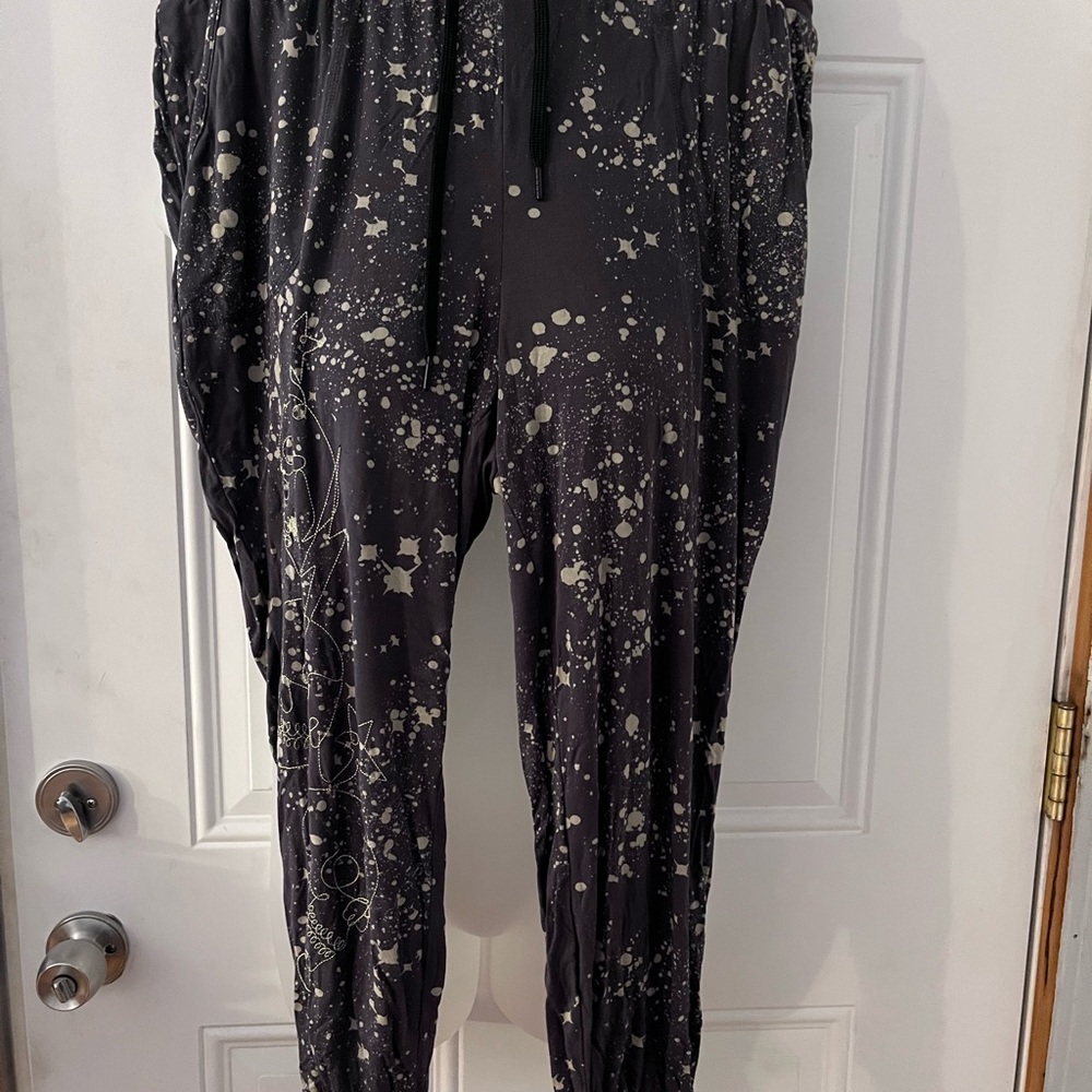 Lovesick Splatter and Skulls embroidered lounge joggers.